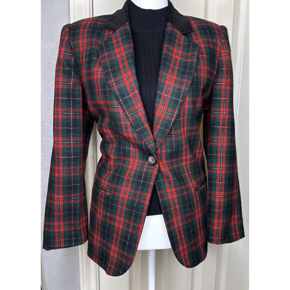 Vintage 90s Sag Harbor Wool Red Tartan Plaid‎ Blazer Velvet Collar Womens 8 P